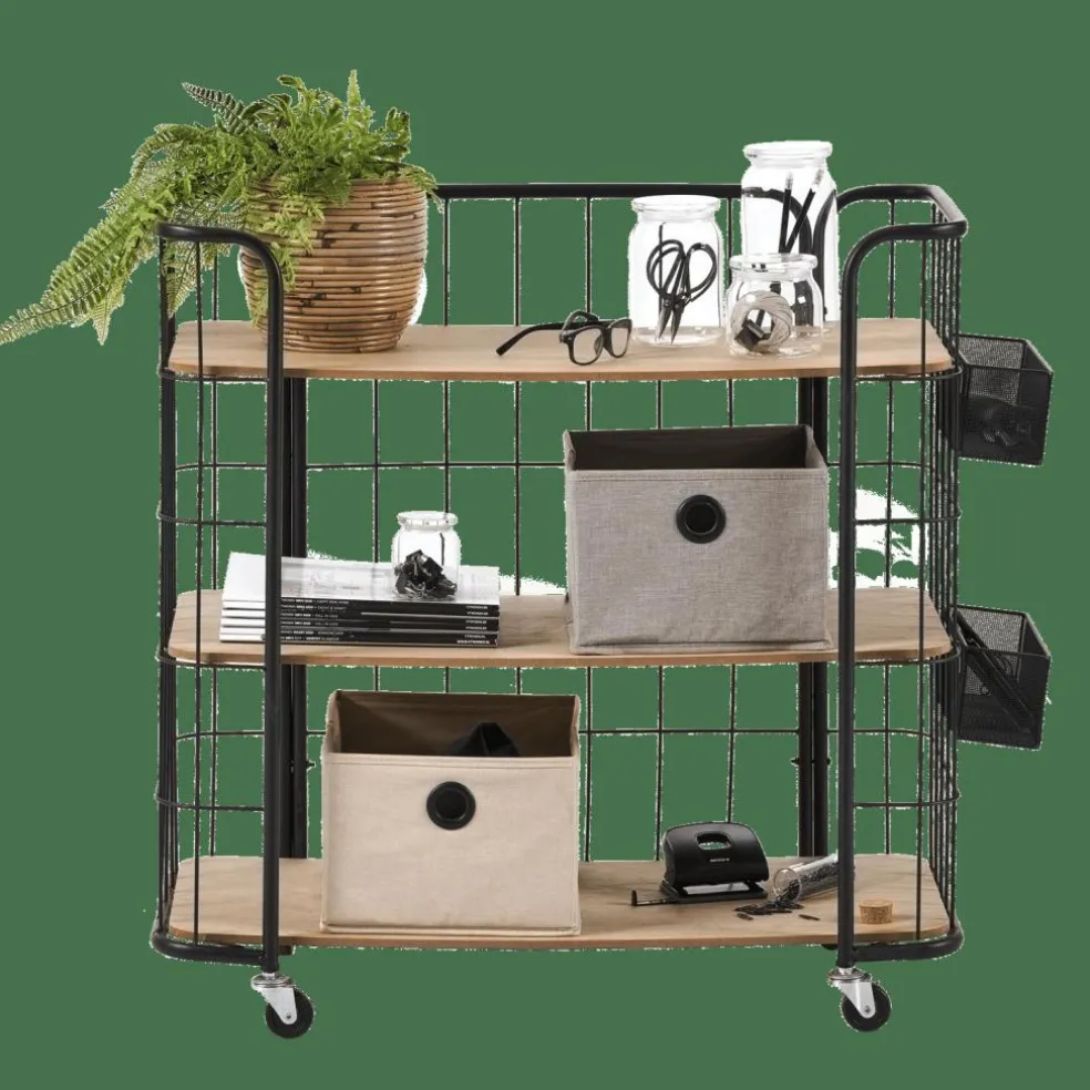OSLO Étagère Trolley 3 Tablettes Noir, Naturel